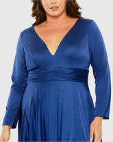 Blue Long Sleeve V Neck A Line Gown